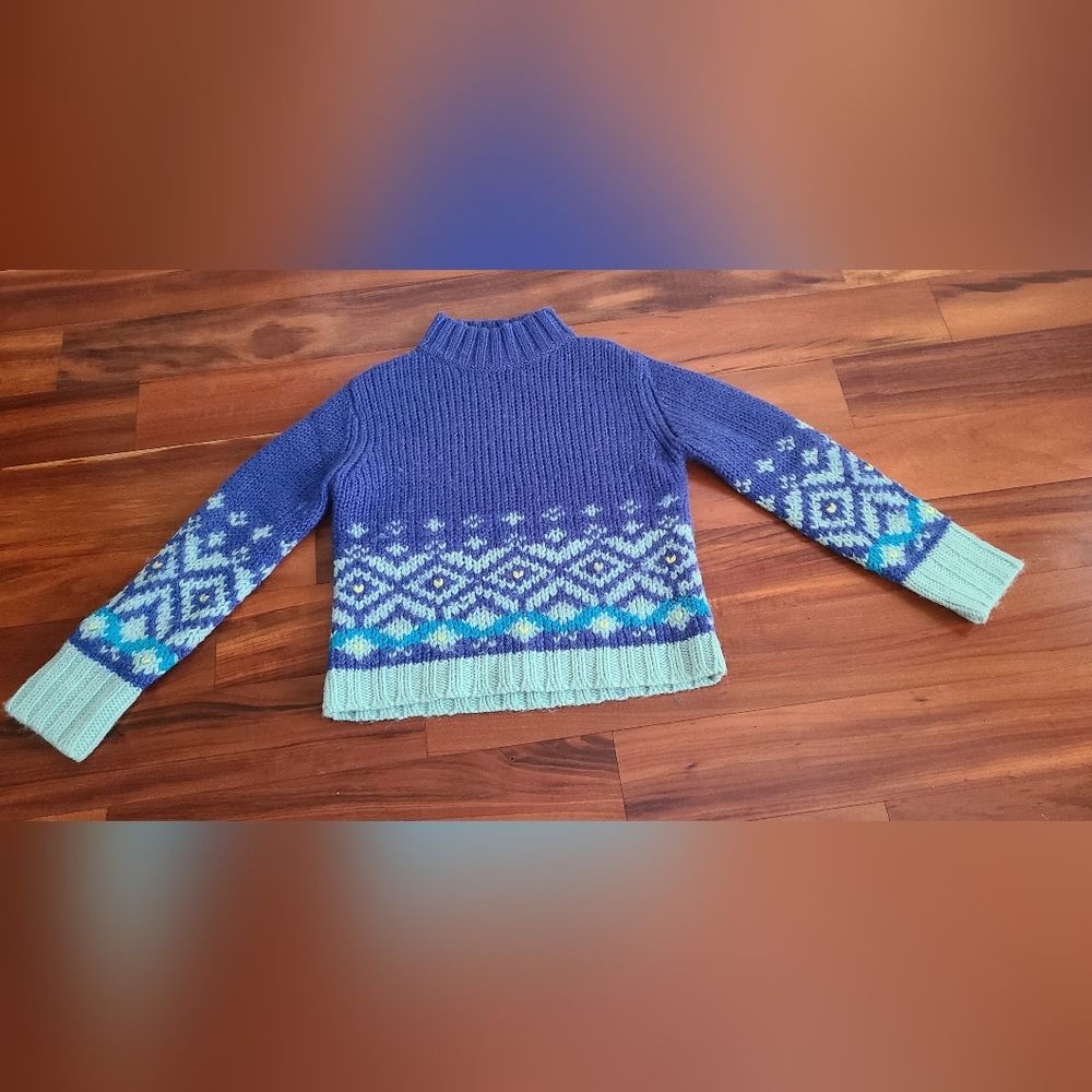 WOOL Women's Blue Patterned Knit Sweater with Mint Trim